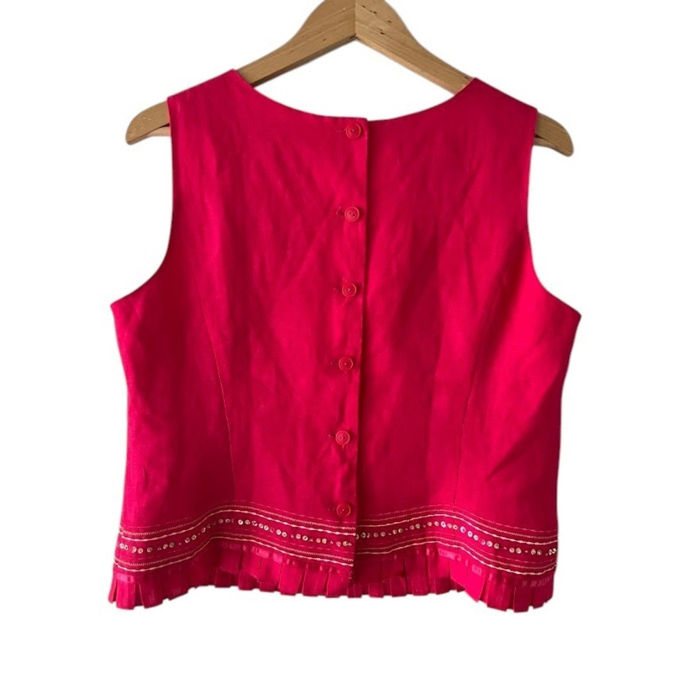 Plaza South Womens Pink Linen Blend Sequin Pleated Hem Button Back Top Size 14 - Picture 2 of 8